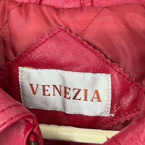 VENEZIA Vtg Leather Jacket Women's Size XL Red Quilted Lining Full Zip Coat Pkts - Picture 6 of 15